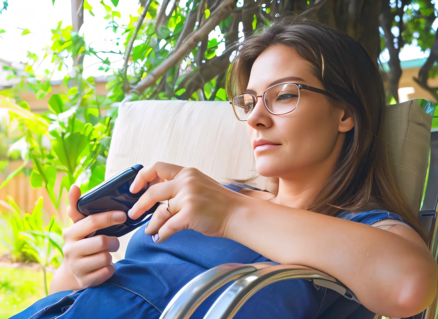 woman sitting in a chair with a cell phone in her hand, checking her cell phone, checking her phone, she is holding a smartphone, outside, portrait shot, photo from the back, shot from far away, 40 years woman, portrait image, photo portrait, woman, an ultra realistic, woman very tired, single image, woman is sitting, deep in thought