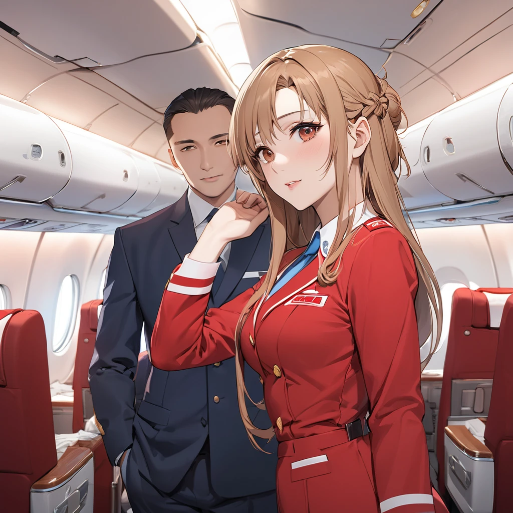 ((Highest quality)), ((masterpiece)), (detailed), （Perfect Face）、The woman is a Chinese woman with light brown, medium-long hair, named Yuuki Asuna, a flight attendant for Air China.、The woman is wearing the red uniform of an Air China flight attendant.