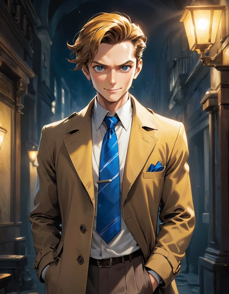1man, veteran mature detective, muscular, boned nose, wavy slicked back spiked hair, yellow_brown hair, BREAK shihaku, brown eyes, dandy, virile, stubble, square shaped, large eyes, ugly, rough skin, facial wrinkles, BREAK ideal ratio body proportions, ordinaly, cute uncle, beautiful detailed eyes, broad waist, 40yo dude, languid, BREAK solo, upper legs, white collared shirt, blue necktie, brown trench coat, dark worn-out suit, cute smile, standing, in detective agency, detailed background, BREAK dandy posing, dramatic expression, oil colored, in capcom art style, in old eroge style, 2000s, cinematic key visual, cinematic shadows, cinematic lighting, lens flare, light leaks, masterpiece, best quality