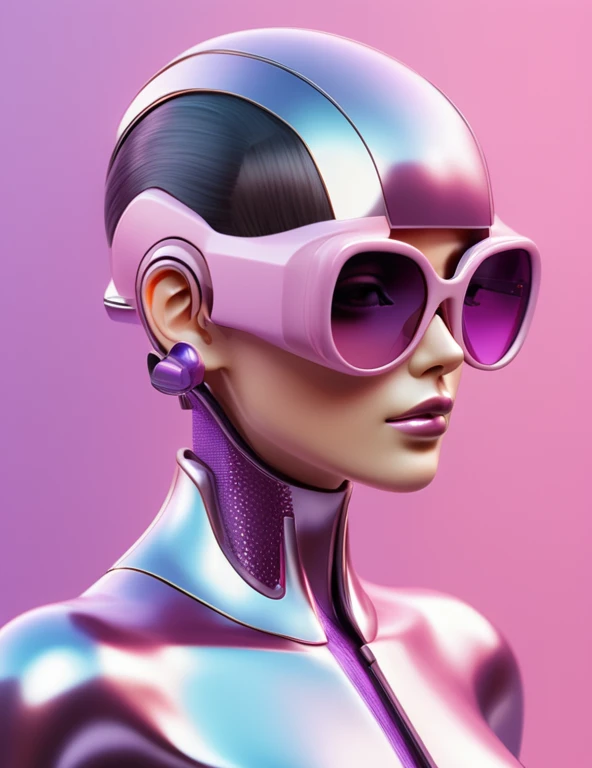 3D illustration of the whole body and face of an artificial intelligence model wearing futuristic glasses, Stylish sunglasses,Gradient Background, Pastel Color Palette, Purple-pink, Simplicity, Cold metal texture, Surrealism, Earrings, Perm