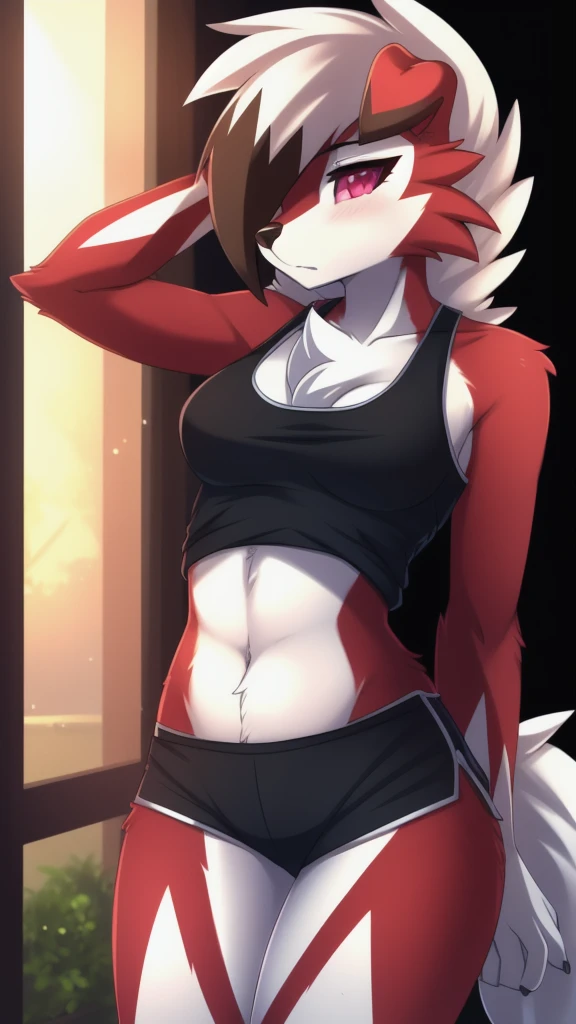 By zinfyuu on pixiv,by twistedscarlet60, uploaded on pixiv, by fluff-kevlar, (masterpiece), (best quality), (anthro furry:1.3, snout:1.2, anthro:1.3, furry:1.2, solo female:1.2),BREAK,pokemon, lycanroc, lycanroc midnight,wearing tanktop, sfw ,:o, kiss me, 