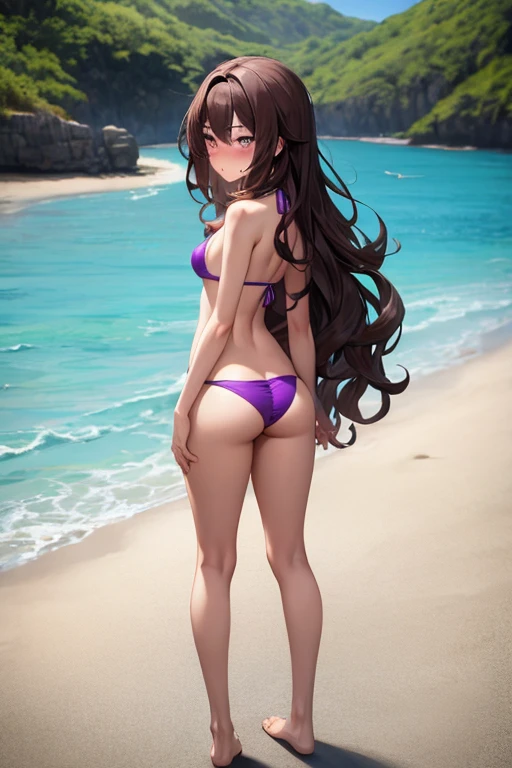 ((best quality)), ((masterpiece)), (detailed), 1 girl, full body, 19 years old, embarrassed face, young adult, somewhat short stature, purple eyes, brown hair, somewhat wavy hair, long hair, bang, blushing, very small breasts, sexy purple bikini, seductive legs, big butt, sexy butt, head down butt up, beach background, looking back, anime