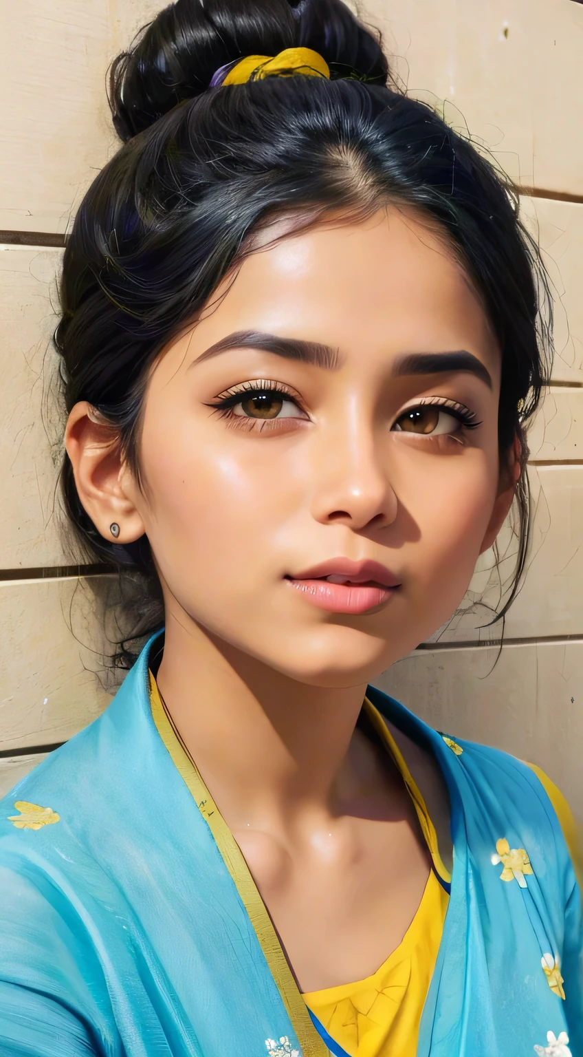 Amazing portrait of a sexy woman with her hair tied back in a low ponytail as she gazes at us seductively with her perfect lips parted for a kiss as she's pinned against the wall wearing a yellow kurta with floral embroidery