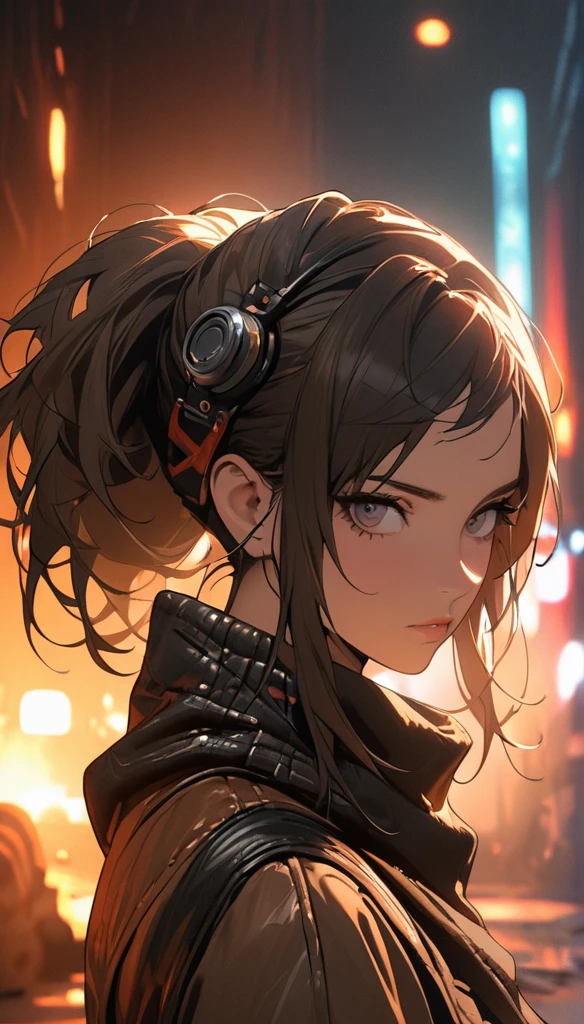 Portrait 1 Young Woman ,Science fiction, Complex background punk, Mad Max , Futuristic, Post-apocalyptic, dark, Dim Lights, ((masterpiece, best quality, )),