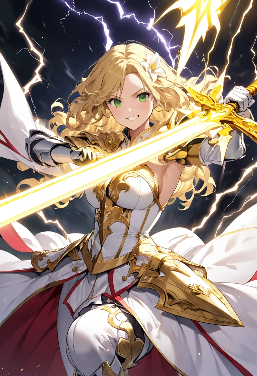 Blonde Wavy Hair、Teenage Girl、Arrogant personality、Holy Knight、Fearless Smile、Green Eyes、He is huge, Shining golden sword、Lightning Control、electrified、Hair stands on end、strongest、In combat、Lily flower ornament