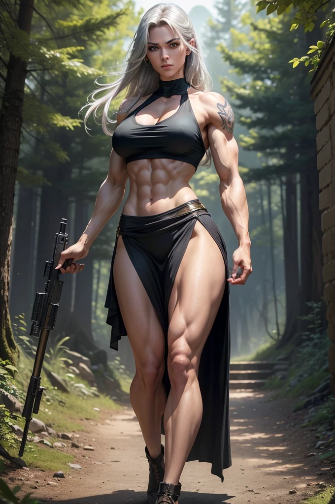 Eleven, silver-haired, muscled body, sensuous，breastsout, Transparent robe, perfect legs correct anatomy，epic fantasy digital art，Masterpiece artwork，8k，High definition resolution，detailed drawing，high qualiy，, epic composition,A gorgeous and stunning female soldier fighting on the battlefield, smirking, tall, statuesque, imposing, towering, biceps, triceps, eight pack abs, extremely defined abs, tank top, wide shoulders, narrow hips, narrow waist, huge breasts, slim, slender, toned, long eyelashes, make up, perfect eyes, eyeliner, perfect lips, long fingers, delicate fingers, long nails, supermodel, tattoo on shoulder, (military uniform),A gorgeous and stunning female soldier holding a rifle, tall, statuesque, imposing, towering, biceps, triceps, eight pack abs, extremely defined abs, tank top, wide shoulders, narrow hips, narrow waist, huge breasts, slim, slender, toned, long eyelashes, make up, perfect eyes, perfect lips, long fingers, delicate fingers, long nails,a muscular woman with huge biceps, detailed muscles, beautiful facial features, long eyelashes, full lips, strong jawline, athletic body, dynamic pose, action, outdoor forest environment, dramatic lighting, cinematic, photorealistic, highly detailed, 8k, best quality, masterpiece



