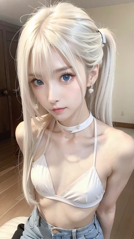 ((Casual Coordination))Extraordinary sexy beauty、beautiful, calm and bright look、Sexy and refreshing look、完璧なbeautifulcute顔、Very bright, Bright Blue Eyes、Short Ponytail、Long bangs between the eyes、Long platinum blonde straight hair、beautiful facial hair、とてもcute、beautifully、Sexy young tiny woman、非常に完璧なbeautifulcute顔、beautiful clear cute eyes、Real17歳女性、cute,((Small breasts))、(((Long white hair)))、(())、) And a very slim figure,,,,,、Very thin leganicules、Earrings、Pink Lip、choker、Real、Sexual、Highest quality、Detailed face、Detailed Background、Depth of written boundary、whole body viewing angle、Sexual、alone、night,Highest quality、High resolution、超High resolution(Real:1.4)Detailed eyes、Gradation、Perfect anatomical figure、Woman with perfect body、Highly detailed skin、非常にDetailed face、細部までbeautiful目、Background blur、