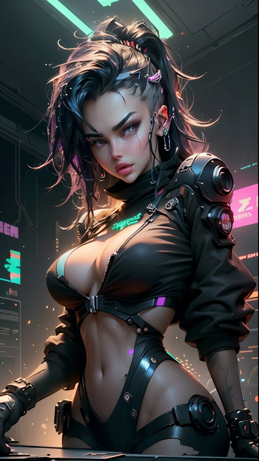 ((best quality)), ((Master part)), (Very detailed:1.3), ..3d, Nice (cyberpunk:1.3) Hackerin, thick hair, exposed breasts, Computer terminals in use, Computerserver, LCD screens, Fiber optic cable, corporate logos, HDR (High Dynamic Range), Raytracing, nvidia RTX, Super resolution, Unreal 5, Subsurface scattering, PBR textures, Post processing, anisotropic filtering, Field depth, maximum sharpness and sharpness, Multilayer textures, Albedo- und Specular-Mapping, Surface shading, Precise simulation of the interaction between light and matter, proporções perfeitas, octane rendering, duotone lighting, low ISO, White balance, Rule of thirds, wide opening, 8K BRUTTO, Highly efficient subpixels, subpixel convolution, Glow particles,