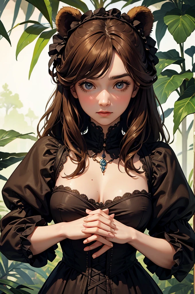 female bear mid transformation, solo, masterpiece, best art, victorian dress. detailed hands, detailed eyes, detailed torso, jungle, expression, transformation, human face, brown shaggy hair.