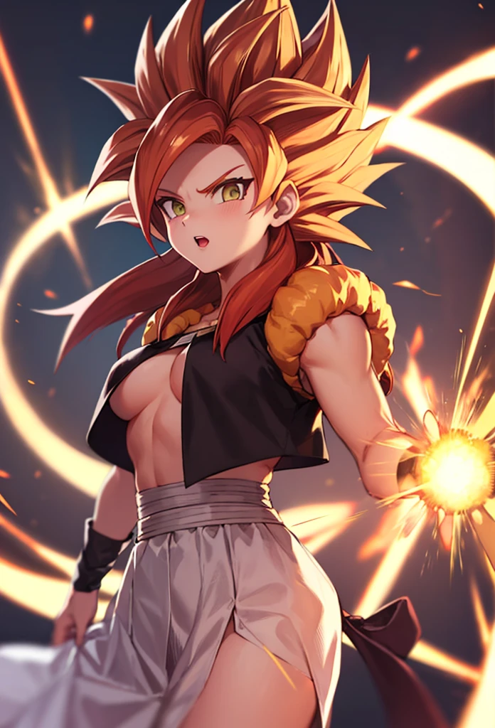 Super Saiyan woman, white skirt, standing alone, Red hair, ((medium breasts)) ((niplles))