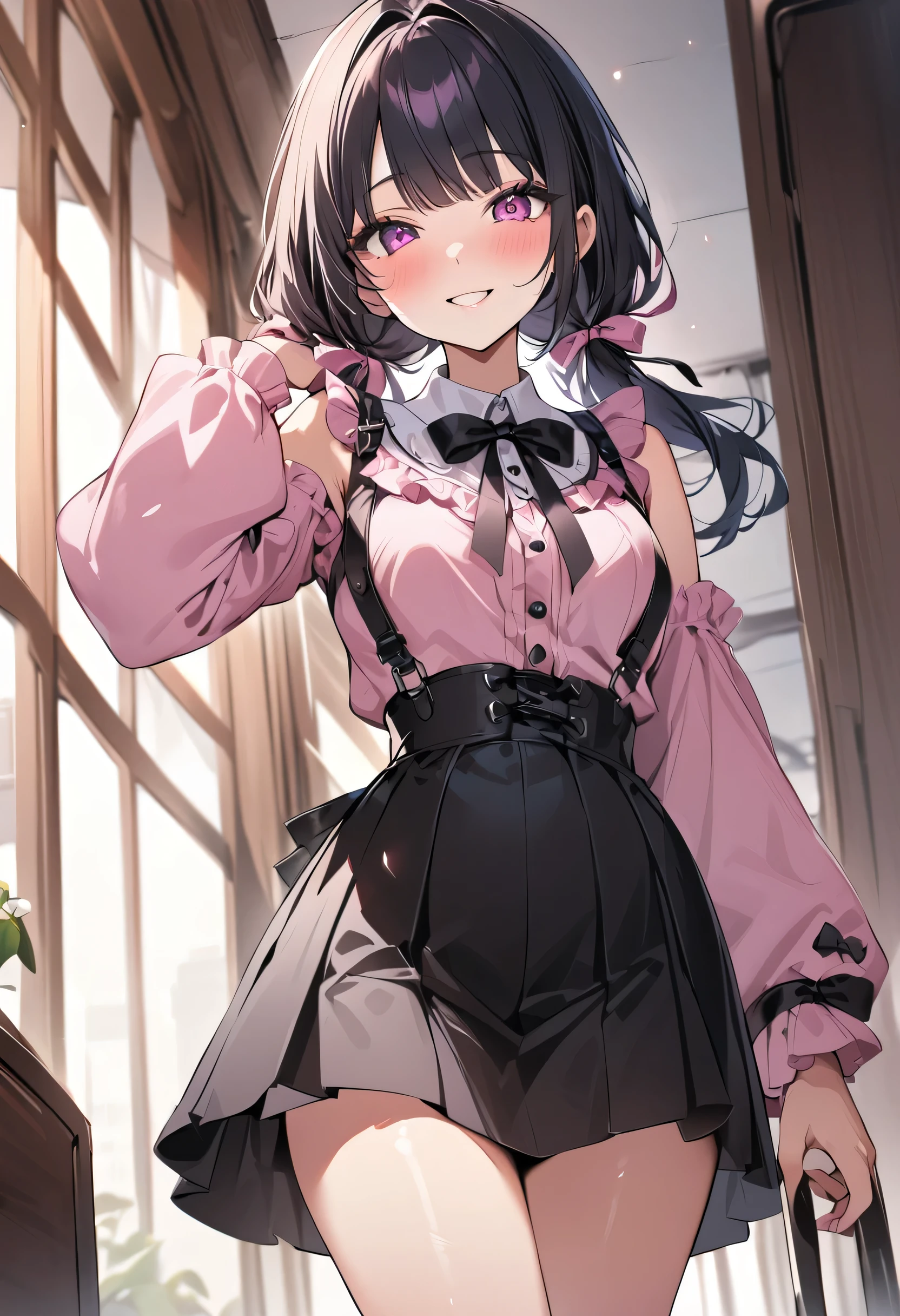 high res image,masterpiece,best quality,girl,cute face,clear skin,shiny hair,ultra detailed eyes,  jirai kei, black hair, bow, twintails, bag,pink shirt,black skirt,heart ahoge,hair flower,low twintails,smile