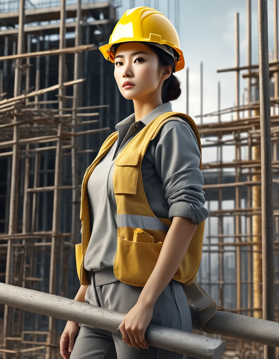 top of construction site made of Steel bars and concrete, masterpiece, top quality, highly detailed illustration, incredibly delicate and beautiful,8K,A Beautiful Asian woman dressed in work clothes is standing at the construction site, (carrying a Steel bars on her shoulder and supporting it with both hands),ultra-detailed face,detailed eyes,The woman is wearing a yellow helmet,Focus on the woman,Sweat,Serious