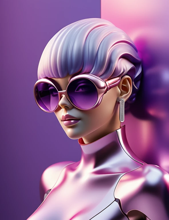 3D illustration of the whole body and face of an artificial intelligence model wearing futuristic glasses, Stylish sunglasses,Gradient Background, Pastel Color Palette, Purple-pink, Simplicity, Cold metal texture, Surrealism, Earrings, Perm, Cleavage