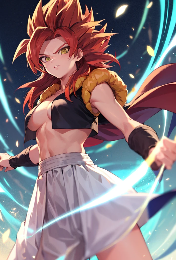 Super Saiyan woman, white skirt, standing alone, Red hair, ((medium breasts)) ((niplles))