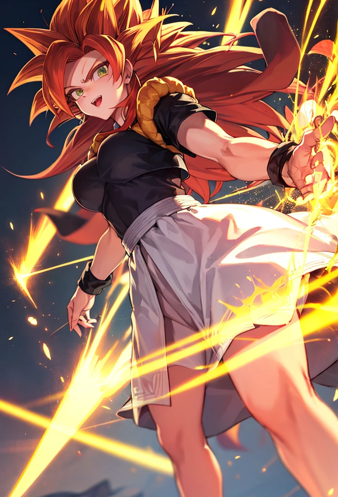 Super Saiyan woman, white skirt, standing alone, Red hair, ((medium breasts)) ((niplles))