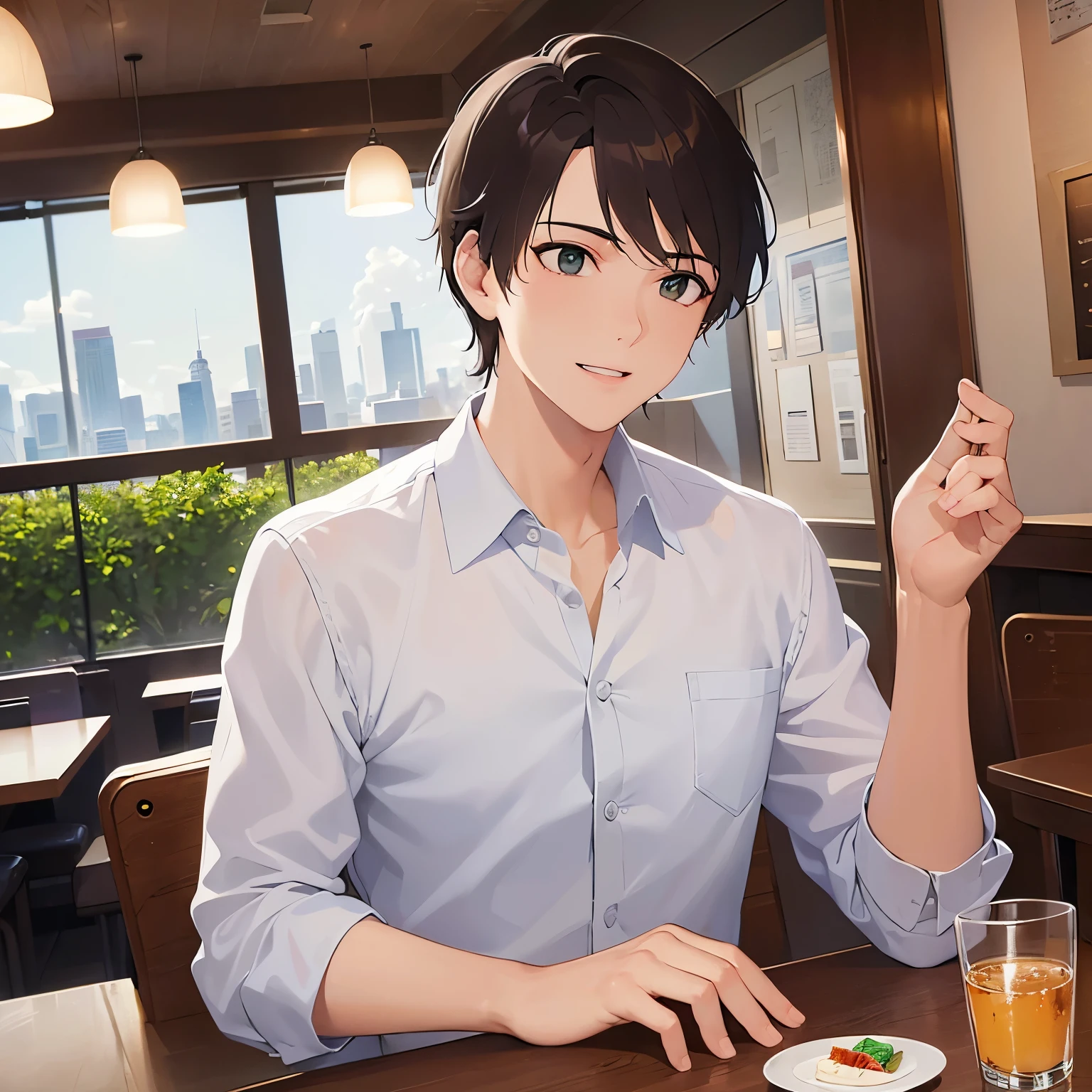 (looking away:1.5),upper body,
masterpiece、Highest quality、
BREAK (25-year-old male:1.5) and (Mahogany brown short hair) and (Green Eyes)
 BREAK,White collared shirt、Jacket、
（smile：1.5）,happy,open mouth,The background is inside the restaurant