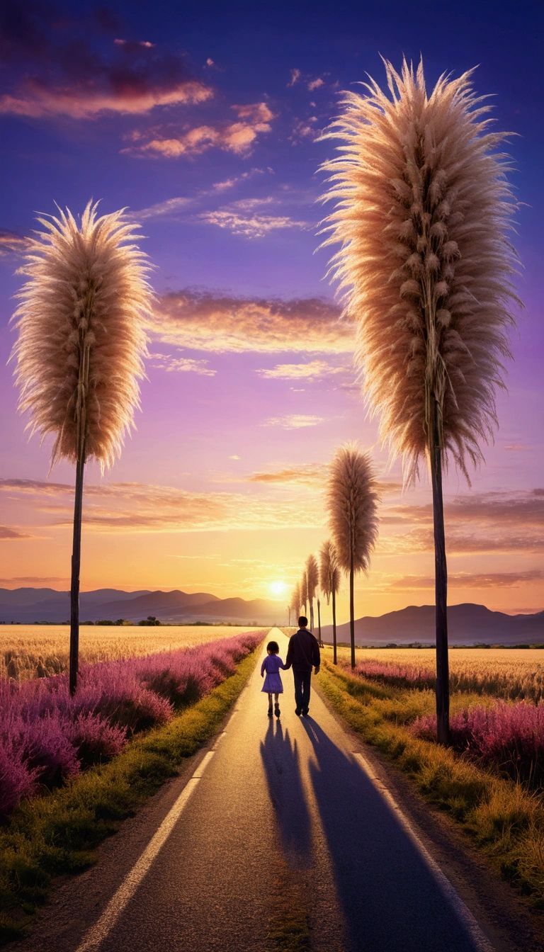 The endless road.sunset、The sky is painted in beautiful colors。Wonderful blue and purple sky. Clear skies.High quality down to the smallest detail. Wonderful landscape .Telegraph poles line both sides of the road、The silhouettes of a father and his daughter, about 5 years old, walking hand in hand can be seen in the background of the screen.、The surrounding pampas grass shines golden in the sunlight.
