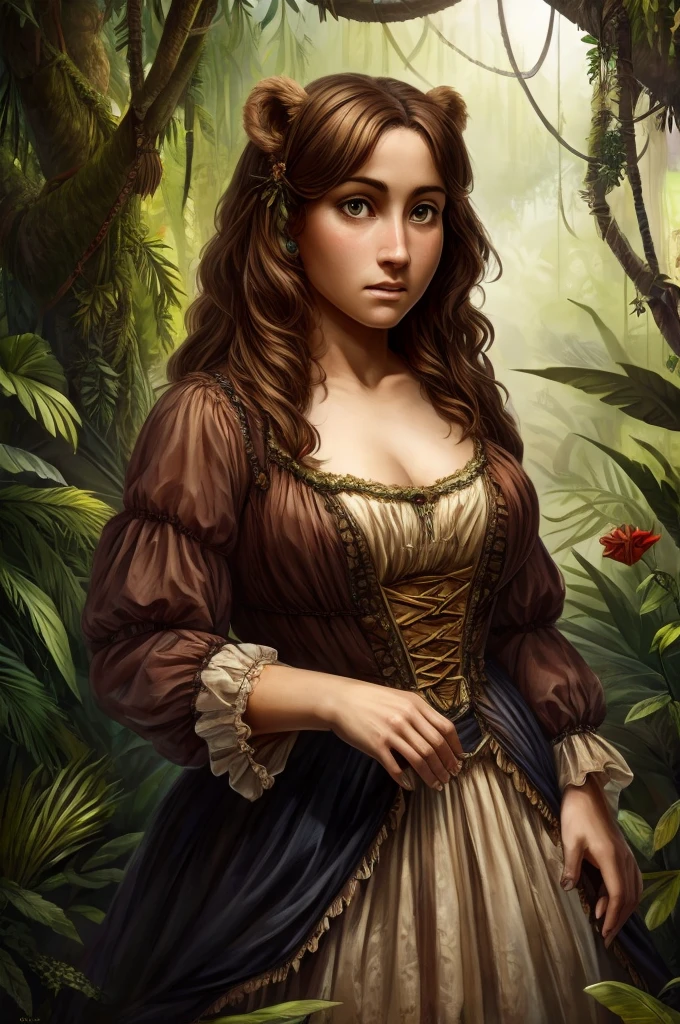 female bear mid transformation, solo, masterpiece, best art, victorian dress. detailed hands, detailed eyes, detailed torso, jungle, expression, transformation, human face, brown shaggy hair.