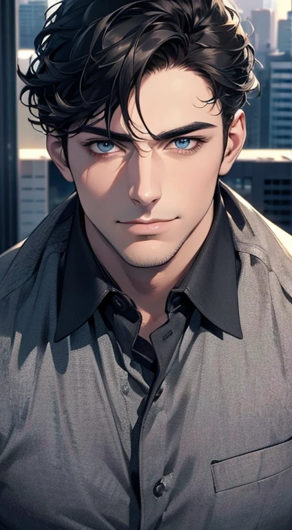 (best quality,4k,8k,highres,masterpiece:1.2),ultra-detailed,(realistic,photorealistic,photo-realistic:1.37),1 man,31 years old,mature man,very handsome,without expression,smile,short grey black hair,blue eyes,penetrating gaze,perfect face without errors,imposing posture,businessman,office background,cinematic lighting,hdr image