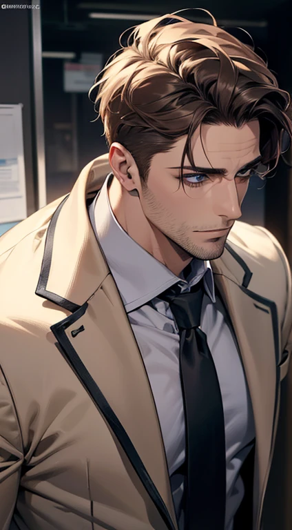(best quality,4k,8k,highres,masterpiece:1.2),ultra-detailed,(realistic,photorealistic,photo-realistic:1.37),1 man,31 years old,mature man,very handsome,without expression,smile,short grey brown hair,blue eyes,penetrating gaze,perfect face without errors,imposing posture,businessman,office background,cinematic lighting,hdr image