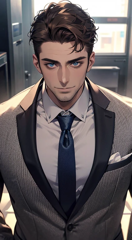 (best quality,4k,8k,highres,masterpiece:1.2),ultra-detailed,(realistic,photorealistic,photo-realistic:1.37),1 man,31 years old,mature man,very handsome,without expression,smile,short grey brown hair,blue eyes,penetrating gaze,perfect face without errors,imposing posture,businessman,office background,cinematic lighting,hdr image