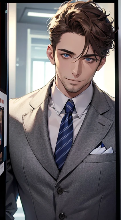 (best quality,4k,8k,highres,masterpiece:1.2),ultra-detailed,(realistic,photorealistic,photo-realistic:1.37),1 man,31 years old,mature man,very handsome,without expression,smile,short grey brown hair,blue eyes,penetrating gaze,perfect face without errors,imposing posture,businessman,office background,cinematic lighting,hdr image