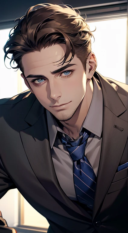 (best quality,4k,8k,highres,masterpiece:1.2),ultra-detailed,(realistic,photorealistic,photo-realistic:1.37),1 man,31 years old,mature man,very handsome,without expression,smile,short grey brown hair,blue eyes,penetrating gaze,perfect face without errors,imposing posture,businessman,office background,cinematic lighting,hdr image