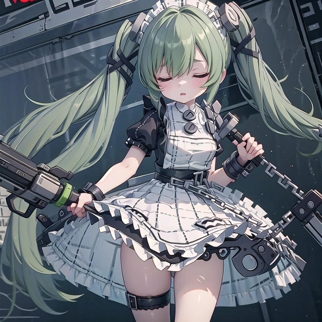 high resolution bikini Black and white swimsuit Gothic ta maid outfit Swinging a chainsaw I close my eyes tightly Panic Twintails with green hair Girl