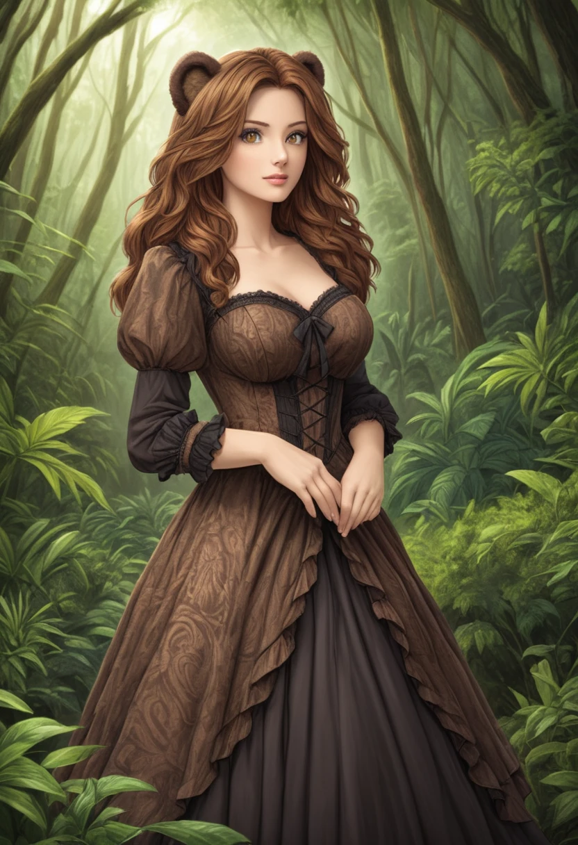 female bear mid transformation, solo, masterpiece, best art, victorian dress. detailed hands, detailed eyes, detailed torso, jungle, expression, transformation, human face, brown shaggy hair.
