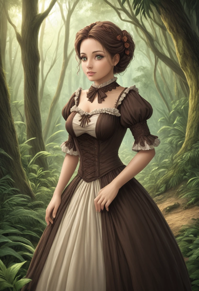 female bear mid transformation, solo, masterpiece, best art, victorian dress. detailed hands, detailed eyes, detailed torso, jungle, expression, transformation, human face, brown shaggy hair.
