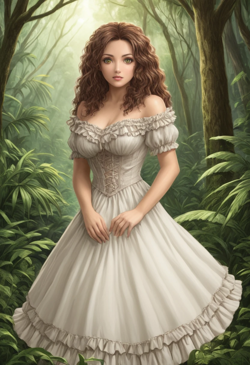 female bear mid transformation, solo, masterpiece, best art, victorian dress. detailed hands, detailed eyes, detailed torso, jungle, expression, transformation, human face, brown shaggy hair.
