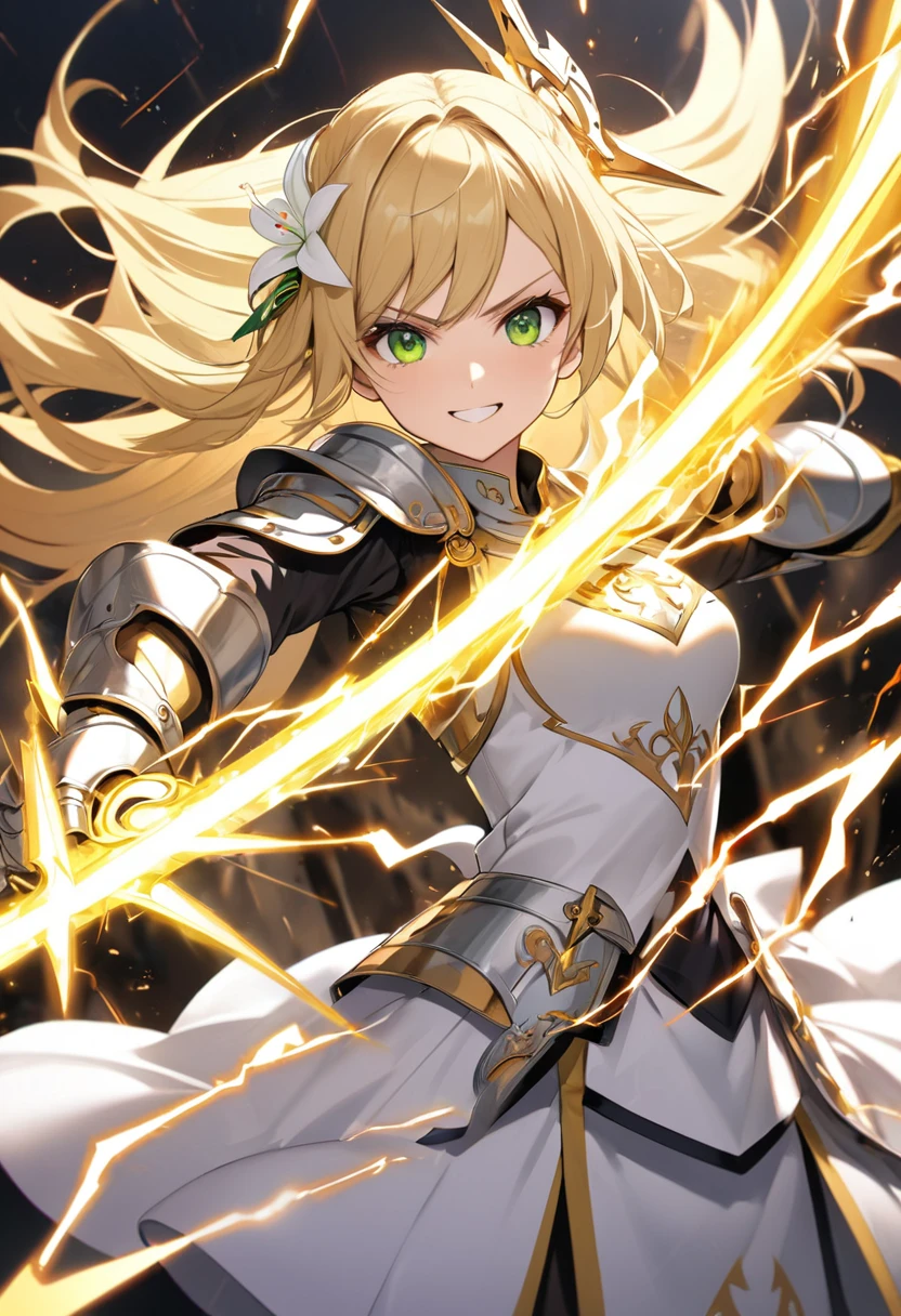 Blonde Waving Hair、Teenage girl、Arrogant personality、Holy Knight、Fearless smile、Green Eyes、He has a huge, shining golden sword、Controlling Lightning、Electrified、hair stands on end、strongest、In combat、Lily Hair Ornament