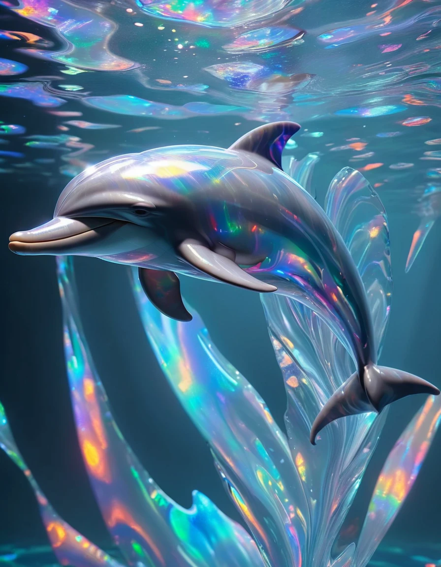 Total length is about 1 meter,Swimming underwater,Dolphin,The body is transparent,Beautiful as crystal,Graceful appearance,It emits an aura that has a healing effect., Holographic fabric that changes color and texture, Psychedelic Pattern, Sparkling Illusions, Optical illusions in haute couture, The Holo-Delirium Epidemic, An environment filled with constantly changing holographic projections and disorienting imagery.,detailed, ,