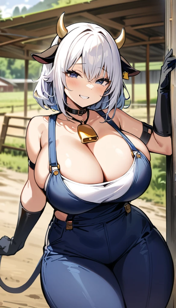 ((Best Quality)), ((masterpiece)), (detailed), 1 girl, short white hair, black locks, black eyes, cow ears, cow horns, big breasts, big thighs, cow tail, expression smiling, long tight blue dungarees pants, White T-shirt, bell necklace, short black gloves, In a farm