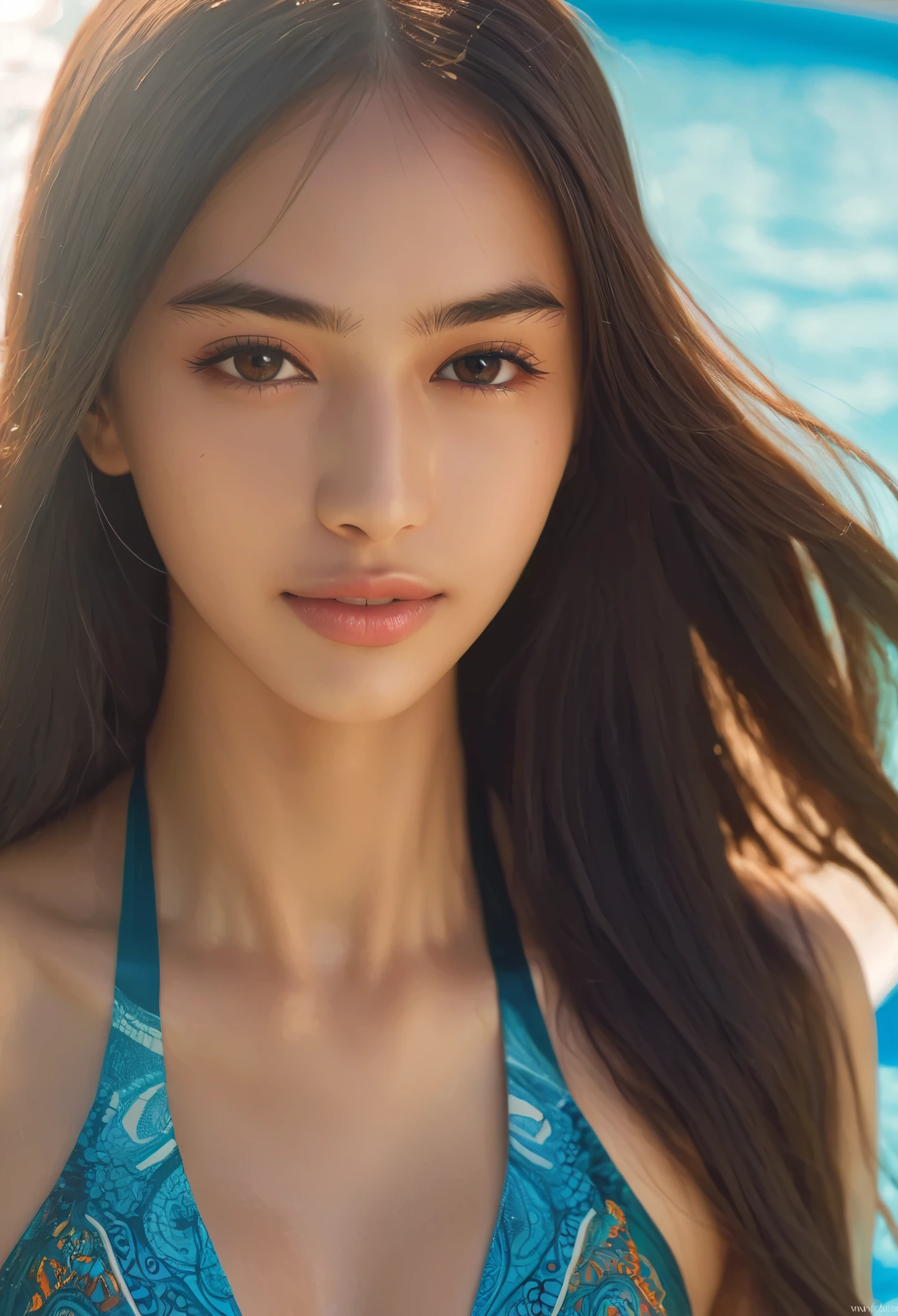 score_9, score_8_up, score_7_up, A beautiful Saudi Arabian girl with long hair, 18yo, waist-high portrait from side, natural skin texture, high nose, beautiful eyebrows, (blunt bangs:1.1), detailed facial features, wearing futuristic swimming suit with fractal pattern, complex composition, high resolution, ultra-detailed, sharp focus, 4k textures, photorealistic, warm colors, natural lighting, magical realism style, intricate background, Yua Yaiba, beautiful large hips, beautiful back, moist skin texture, no makeup, dark circles, toned body, in the pool, Coquettish facial expressions, looking at camera, seductive smile