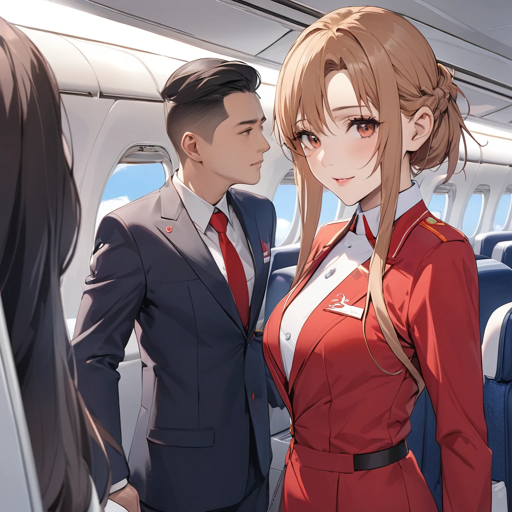 ((Highest quality)), ((masterpiece)), (detailed), (Perfect Face)、The woman is a Chinese woman with light brown, medium-long hair, named Yuuki Asuna, a flight attendant for Air China.、The woman is wearing the red uniform of an Air China flight attendant.