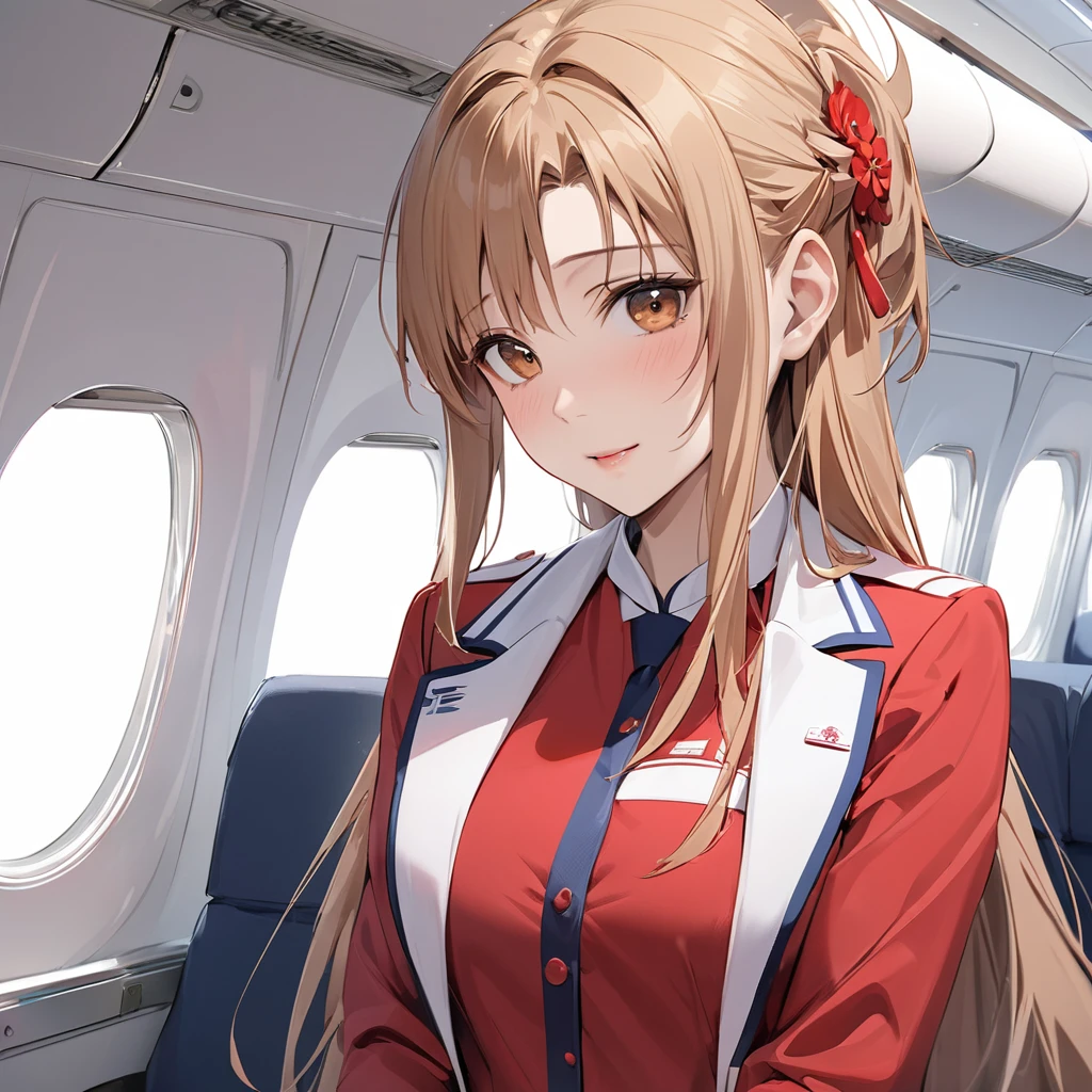 ((Highest quality)), ((masterpiece)), (detailed), (Perfect Face)、The woman is a Chinese woman with light brown, medium-long hair, named Yuuki Asuna, a flight attendant for Air China.、The woman is wearing the red uniform of an Air China flight attendant.
