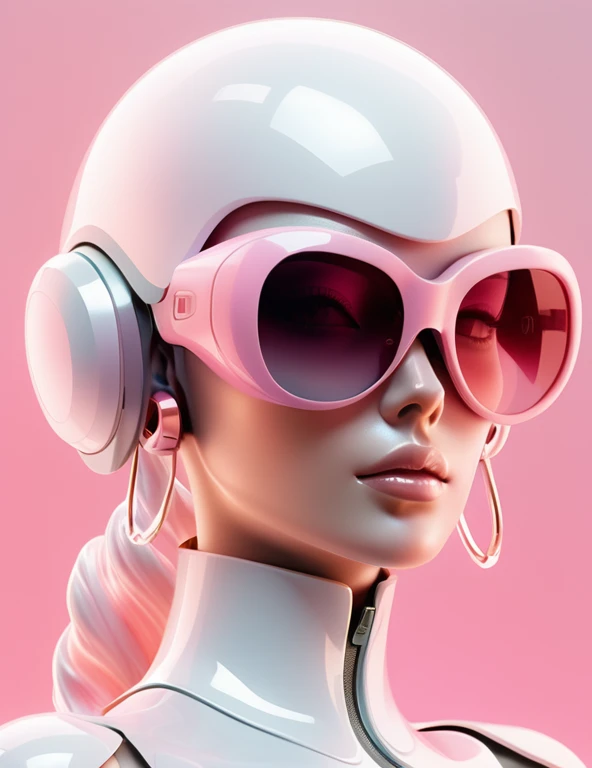 3D illustration of the whole body and face of an artificial intelligence model wearing futuristic glasses, Stylish sunglasses，Gradient Background, Pastel Color Palette, Pink White, Simplicity, Cold metal texture, Surrealism, Earrings, Perm, Cleavage