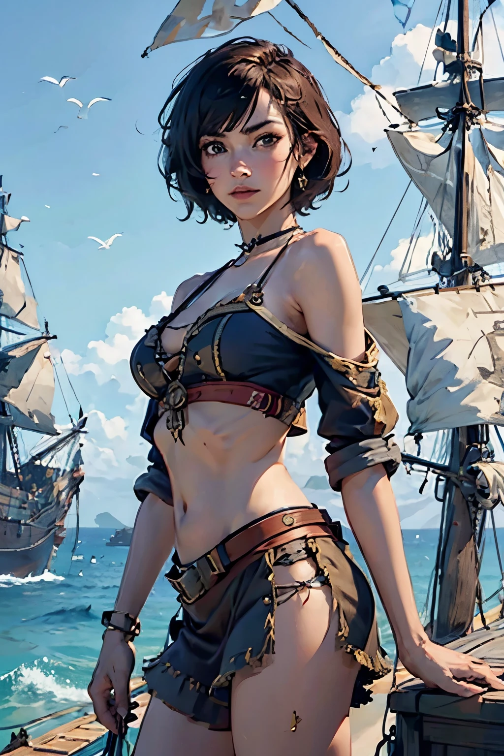 (Fascinating Female Pirate Captain:1.2)、Off the shoulder、Sexy Looks, short hair、Caribbeanで英国海軍との海戦、(2 Galleons:1.4)、 (Naval battles:1.2)、(Close Combat:1.2)、Caribbean、 (Galleon Fire:1.2)、(Galleon Explosion:1.2)、(Torn sails:1.2)、 (Realistic:1.2)、Very detailed、(intricate details 1.2)、Blur the background、8k, masterpiece、