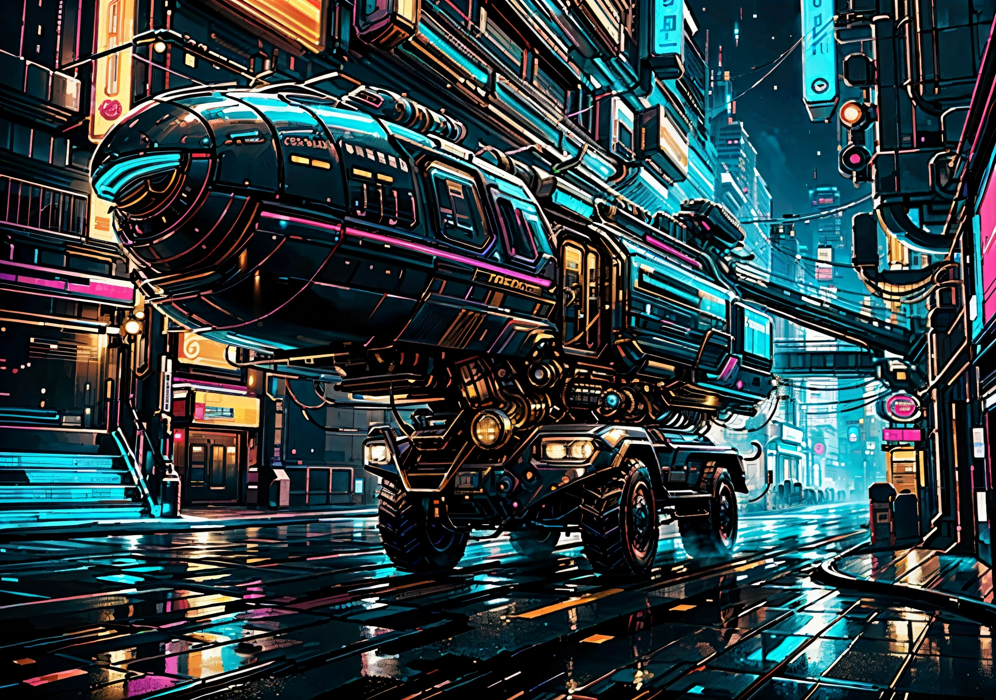 A bustling realistic photo of a A futuristic and sci-fi limousine pulls up in front of a high-tech nightclub, steam and neon reflections on the wet streets, 8k, masterpiece