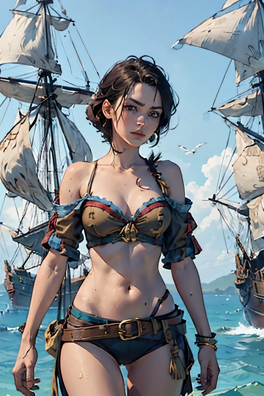 (Fascinating Female Pirate Captain:1.2)、Off the shoulder、Sexy Looks, short hair、Caribbeanで英国海軍との海戦、(2 Galleons:1.4)、 (Naval battles:1.2)、(Close Combat:1.2)、Caribbean、 (Galleon Fire:1.2)、(Galleon Explosion:1.2)、(Torn sails:1.2)、 (Realistic:1.2)、Very detailed、(intricate details 1.2)、Blur the background、8k, masterpiece、