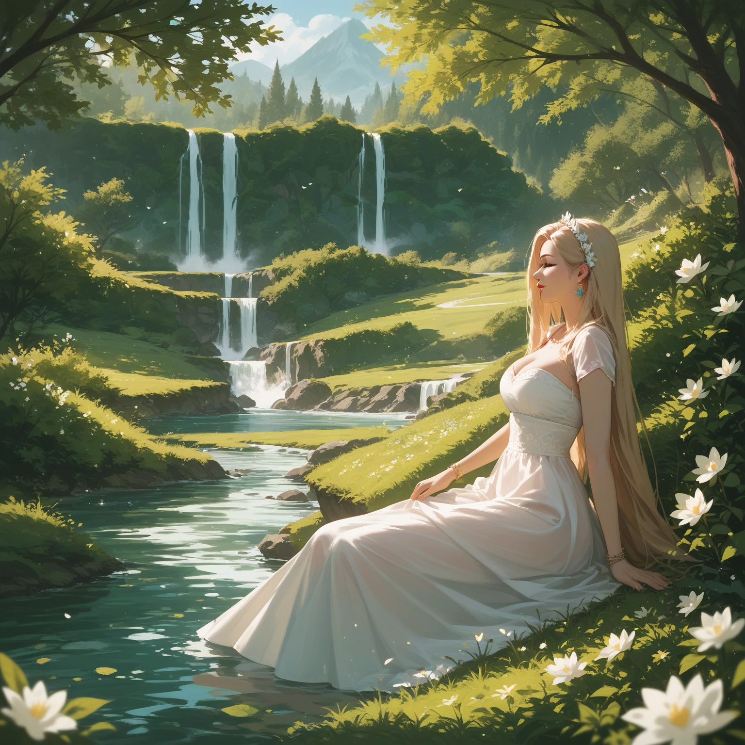 (masterpiece, The best quality at its best:1.2),Girls&#39; Frontline style,beautiful、 Digital anime illustration, Anime Girls, The finer details、Gal、Large Breasts、blazer、White Stockings、Short skirt、White Shirt、tatami、Country house、家の中でSitting、Outside, the sky is blue and there are cumulonimbus clouds、Japanese countryside、Nostalgic、summer、Sitting、