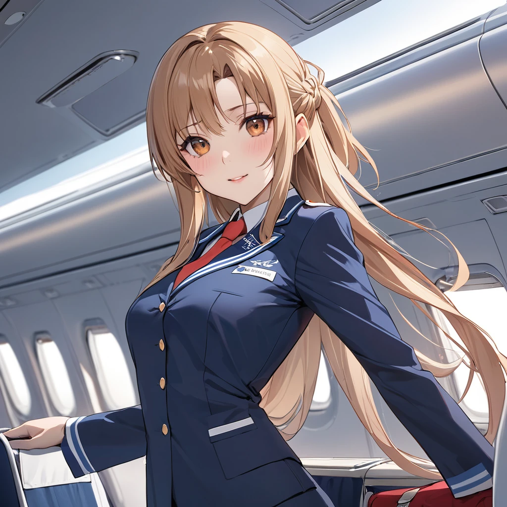 ((Highest quality)), ((masterpiece)), (detailed), (Perfect Face)、The woman is Yuuki Asuna, a flight attendant for Shandong Airlines, a Chinese woman with light brown, medium-long hair.、The woman is wearing a red Shandong Airlines flight attendant uniform.