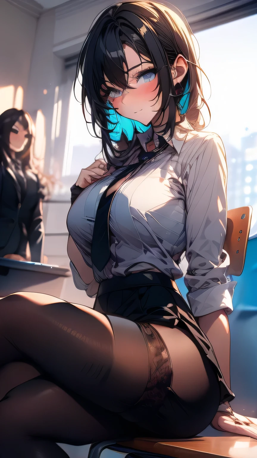 1girl absurdres arm_support black_hair black_skirt blush breasts bursting_breasts chair classroom cleavage closed_mouth collared_shirt curtains desk grey_eyes hair_between_eyes highres large_breasts looking_at_viewer mole mole_on_breast neropaso original panties pleated_skirt school_chair school_desk school_uniform shirt short_sleeves sitting skirt socks solo spread_legs underwear white_panties white_shirt white_socks window wooden_floor