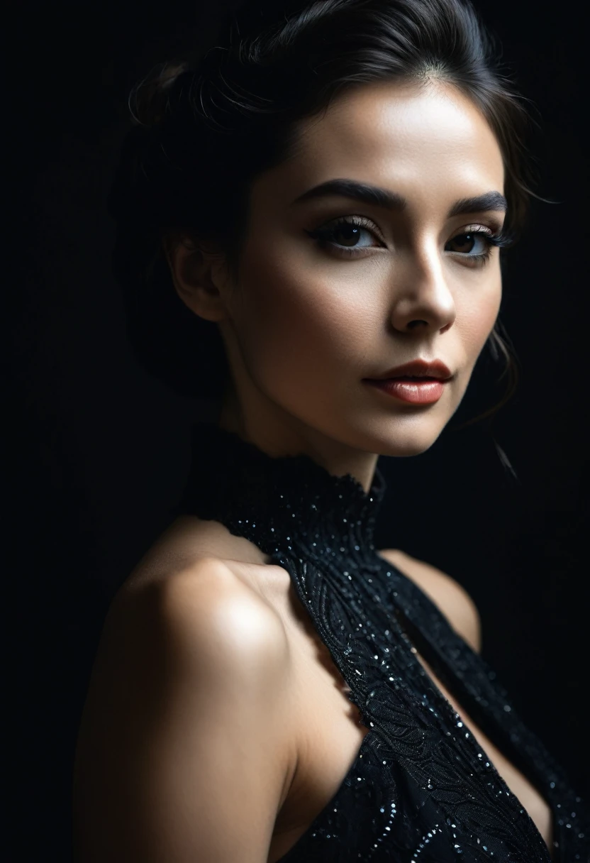 dark shot, film grain, A close up of a woman in a beautiful black dress and a black background, ultra clear, high quality