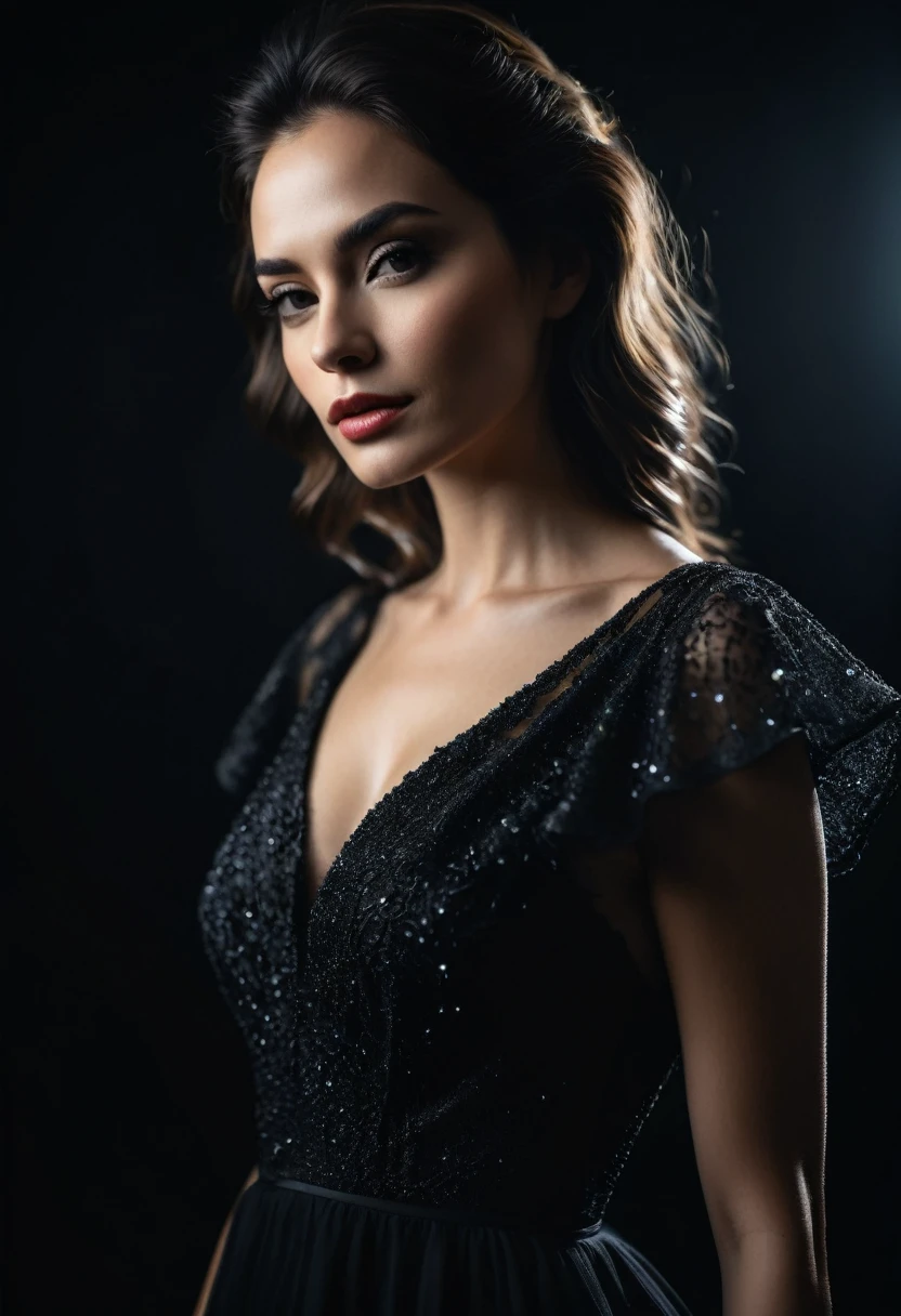 dark shot, film grain, A close up of a woman in a beautiful black dress and a black background, ultra clear, high quality