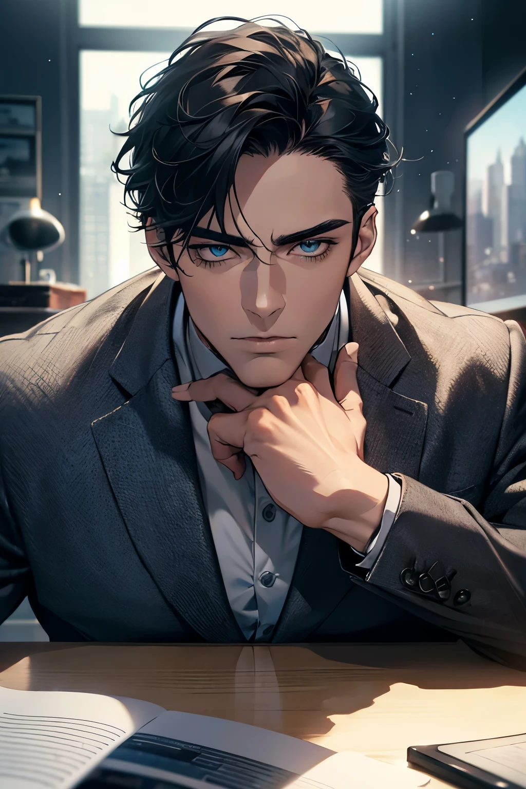 (Best Quality,4k,8k,high resolution,Masterpiece:1.2),ultra detailed,(realist,photorealist,photo-realist:1.37),1 man,31 years,mature man,very handsome,without expresion,muscled body,short gray black hair,Blue eyes,glare,perfect face without mistakes,imposing posture,businessman,office background,cinematic lighting,imagen HDR