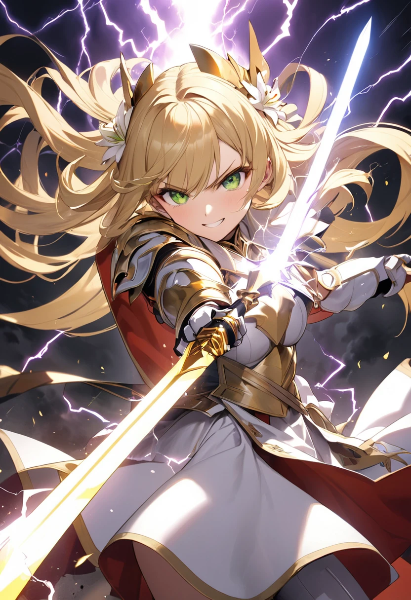 Blonde Waving Hair、 Girl、Arrogant personality、Holy Knight、Fearless smile、Green Eyes、He has a huge, shining golden sword、Controlling Lightning、Electrified、hair stands on end、strongest、In combat、Lily Hair Ornament