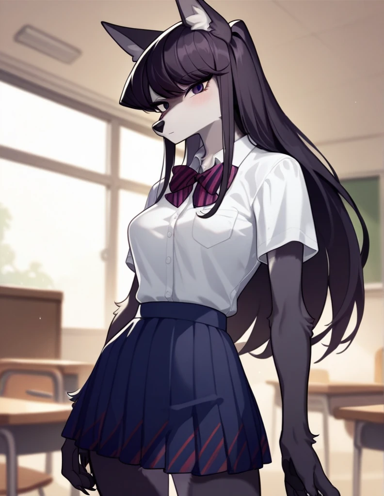 score_9,score_8_up,score_7_up, source_anime, source_furry, Anthro furry wolf girl, Komi Shouko, she is an Anthro furry black wolf, black furry body, wolf snout, black nose, tall and skinny, small breasts, wearing , at a Japanese school, 
