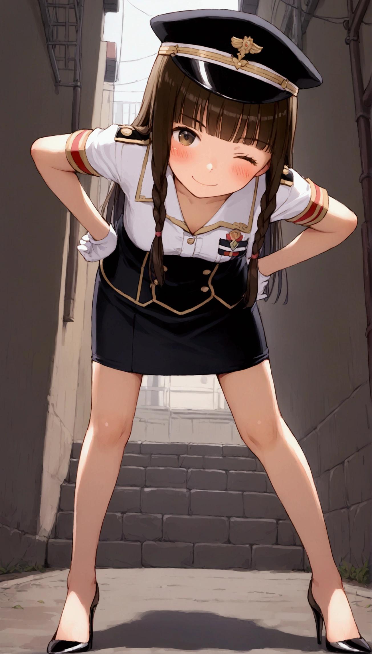 {Highest quality}, {Super beautiful},{Ultra fine},{Best illustration},Brown Hair,Hime cut,long hair,Braid,One woman,Standing Woman,Strike a pose,smile,smilingly,Smile,Wink,Uniform cap,White Shirt,Short sleeve,Long black skirt,White gloves,In the back alley,Blushing,Slender,Black stiletto heels,barefoot,From an angle,From below,Leaning forward,Place hands on hips